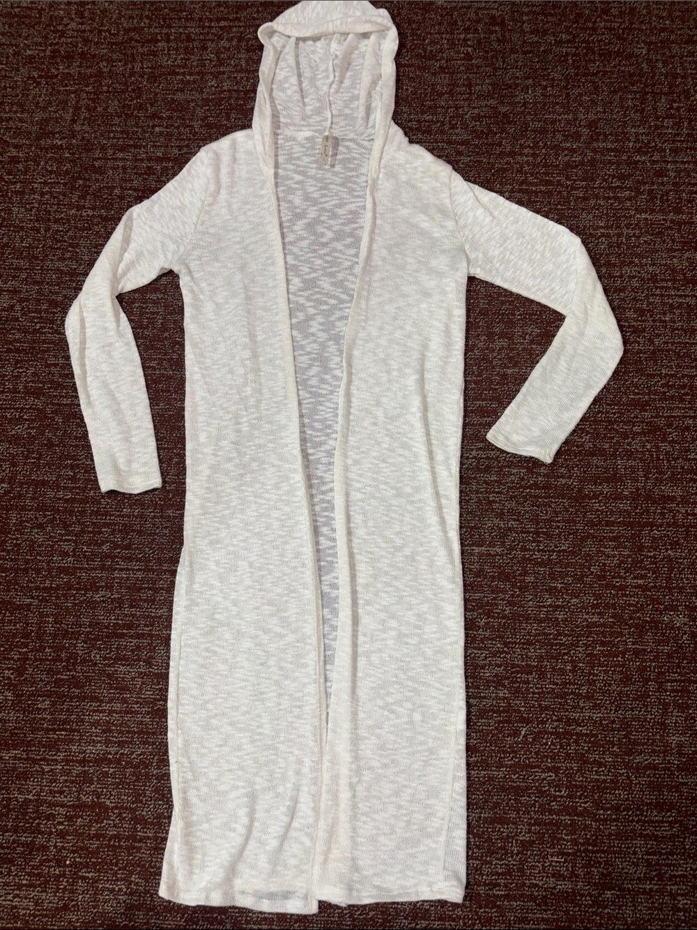 Lyss Loo long cardigan cream white sheer stretch lightweight hooded duster L